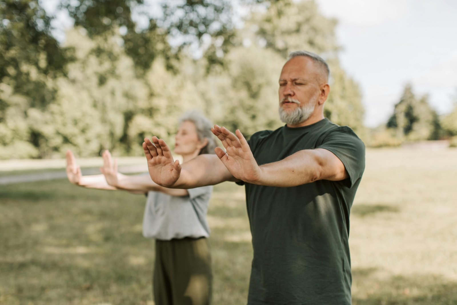 Elderly couple engaged in outdoor Tai Chi, promoting wellness and fitness in a park setting.